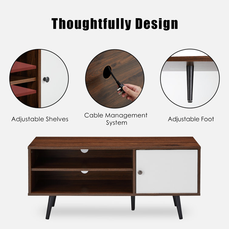 Modern Extendable TV Stand White & Walnut with Storage & Bookshelf